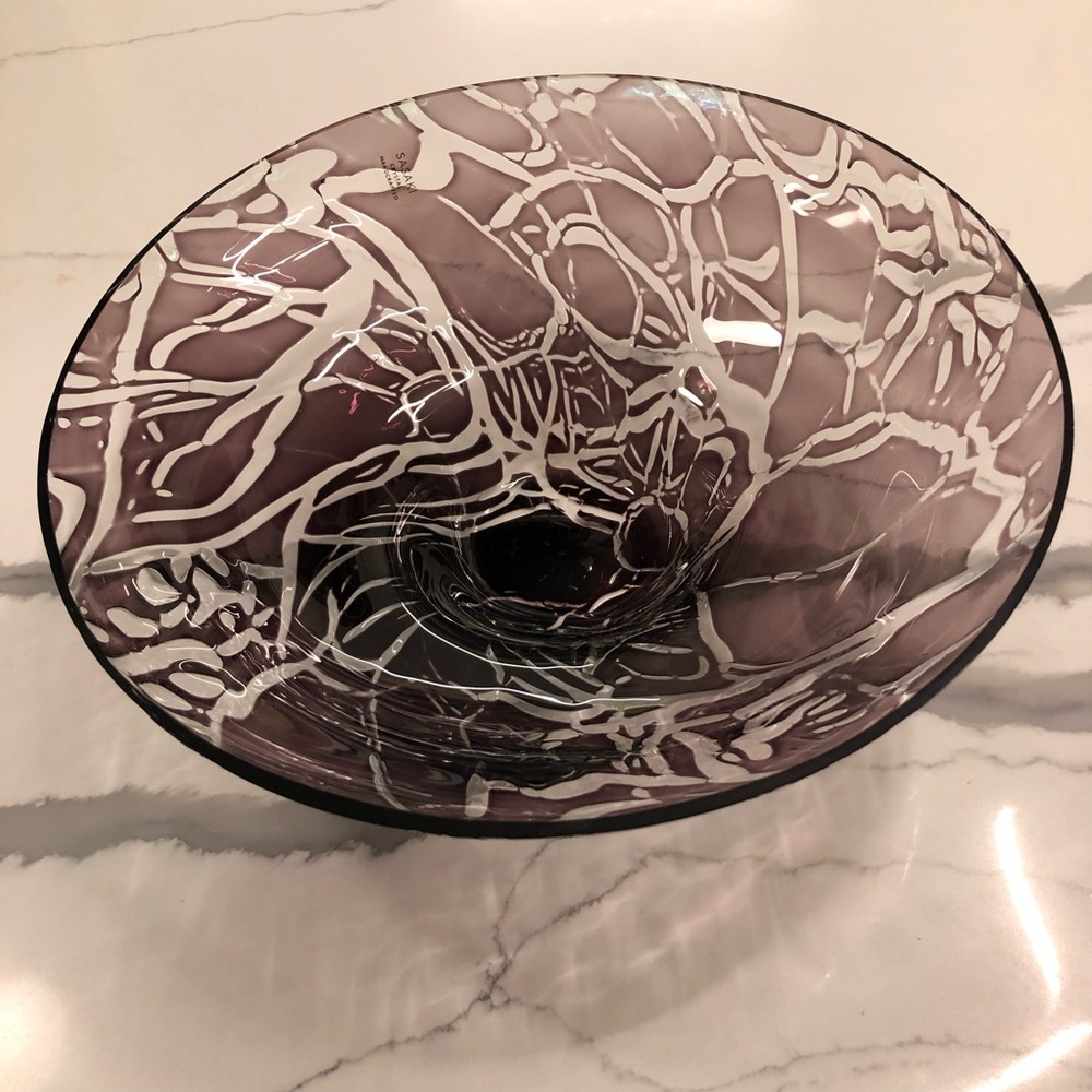 Sasaki Crystal Handcrafted Art Glass Bowl in Smoky Purple with Clear Swirl
